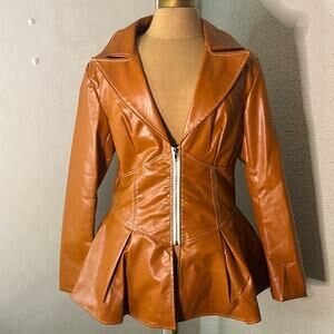 Pressed Brown Zip Up Peplum PU Jacket Swing Coat XL Boho Indie Rocker Glam Retro